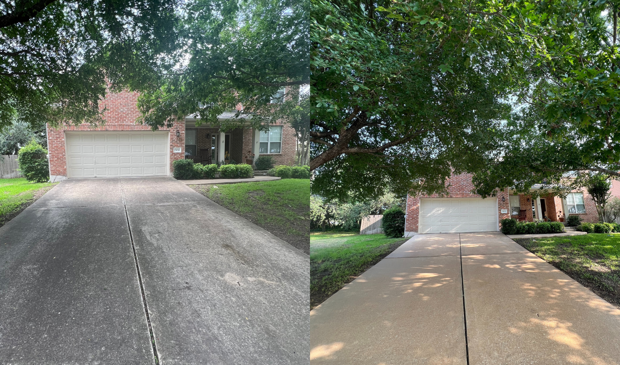 Before and after pressure washing of driveway in Austin, TX