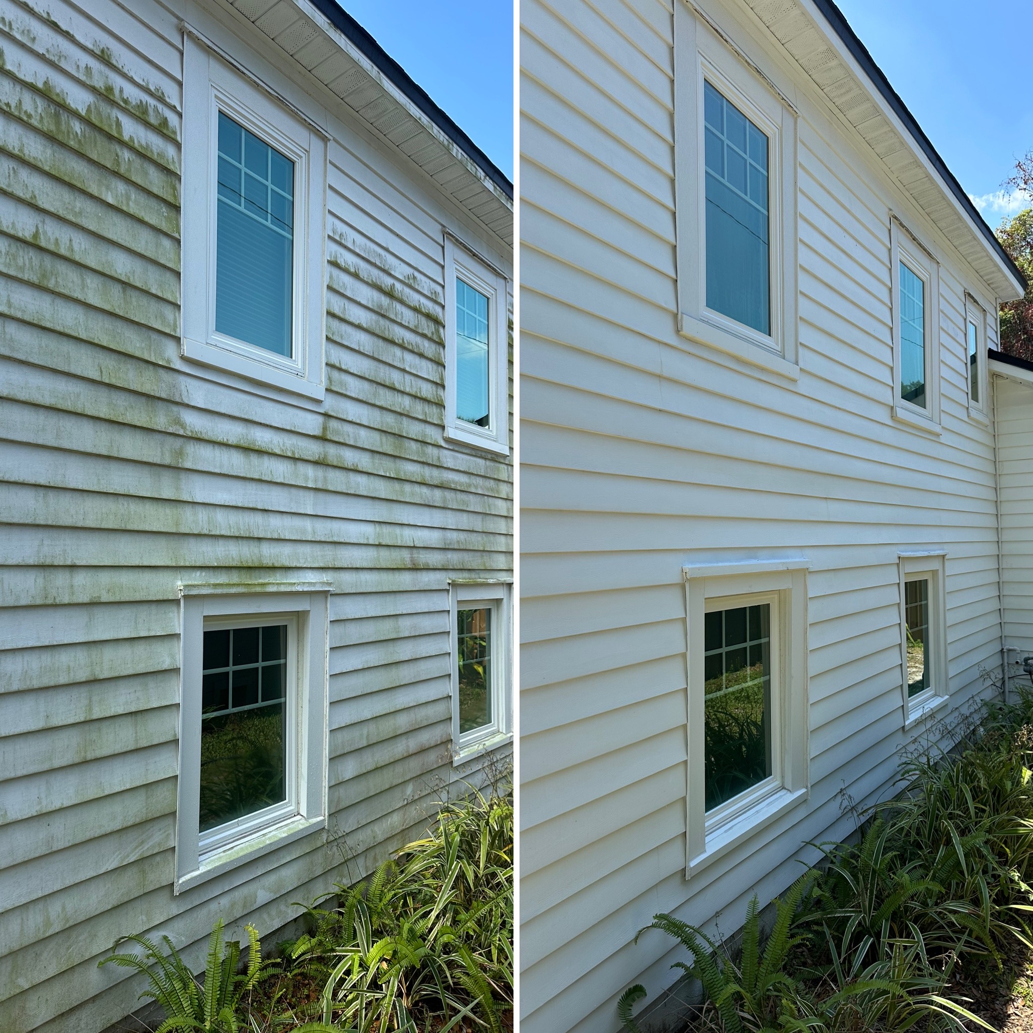 Before and after soft wash of vinyl siding in Austin, TX