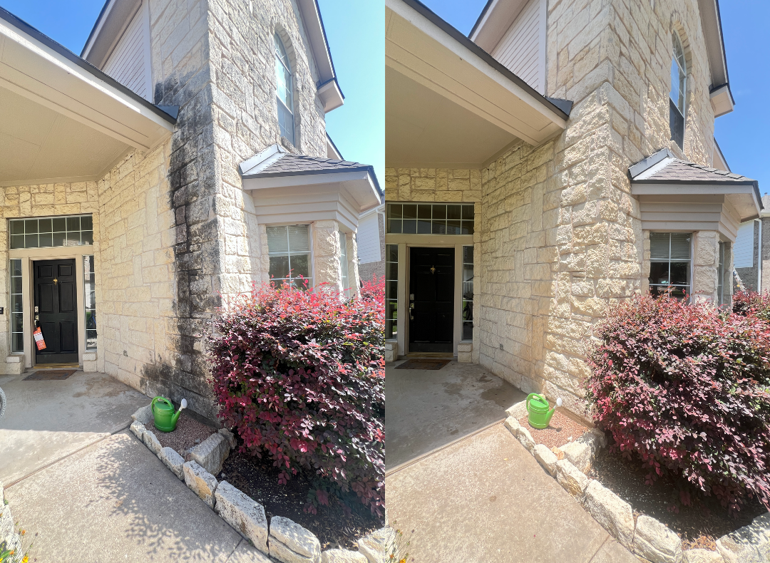 Before and after pressure washing of limestone column in Austin, TX