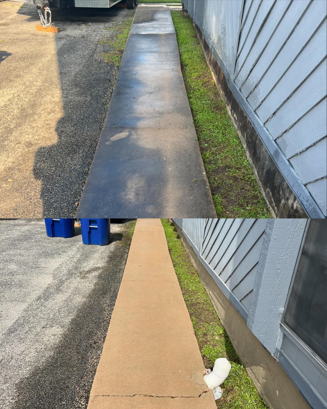 Before and after pressure washing of concrete walkway in Austin, TX