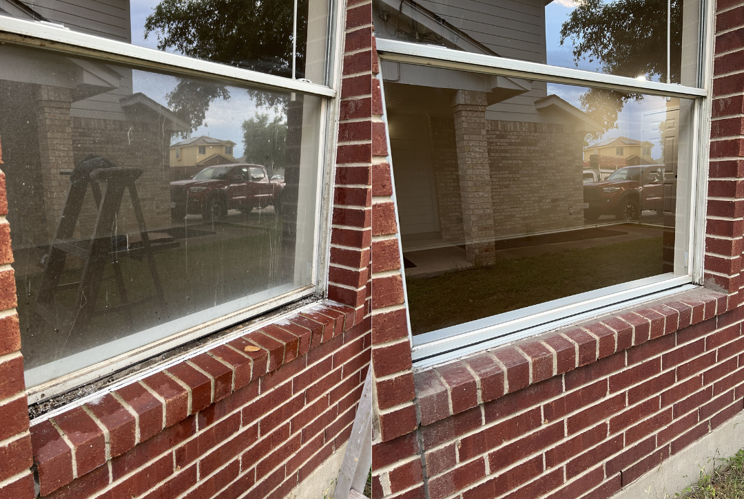 Before and after window cleaning on brick home in Austin, TX